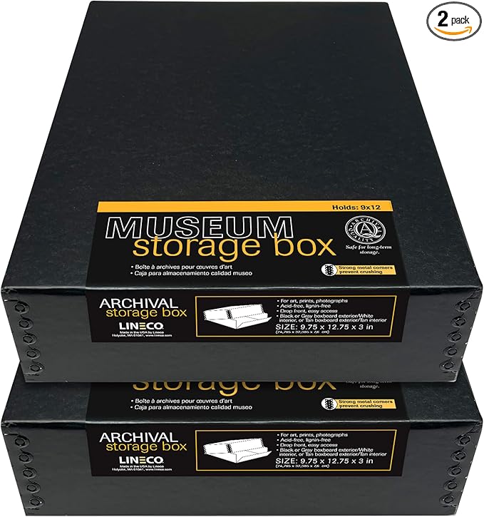 Lineco Museum Archival Storage Box, 9.75x12.75x3 in. Drop Front Design. Acid-Free with Metal Edge. Organize Photos, Pictures, Prints, Documents, Crafts, DIY. Black, 2 Pack