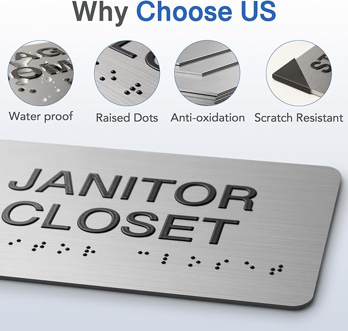 RESTROOM Signs with Raised Text & Grade 2 Braille, Brushed Aluminum/Silver Finish Easy Install with Double-Sided Tape, ADA Compliant Conference Room Office Door Sign