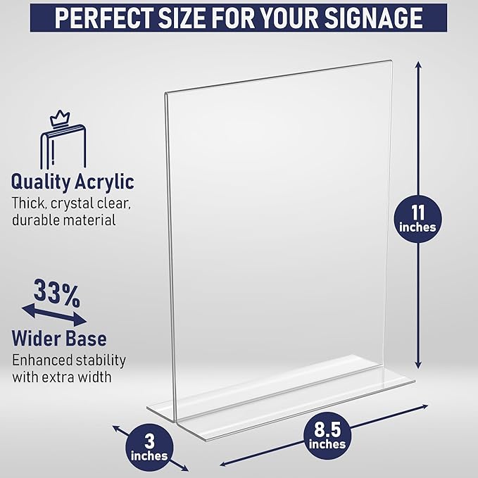 Acrylic Sign Holder 8.5 x 11, T-Shape Double-Sided Acrylic Table Stand with Wide Base, Plastic Tabletop Holder, Menu and Paper Display for Tables, Ideal for Offices, Restaurants, and Events (6 Pack)