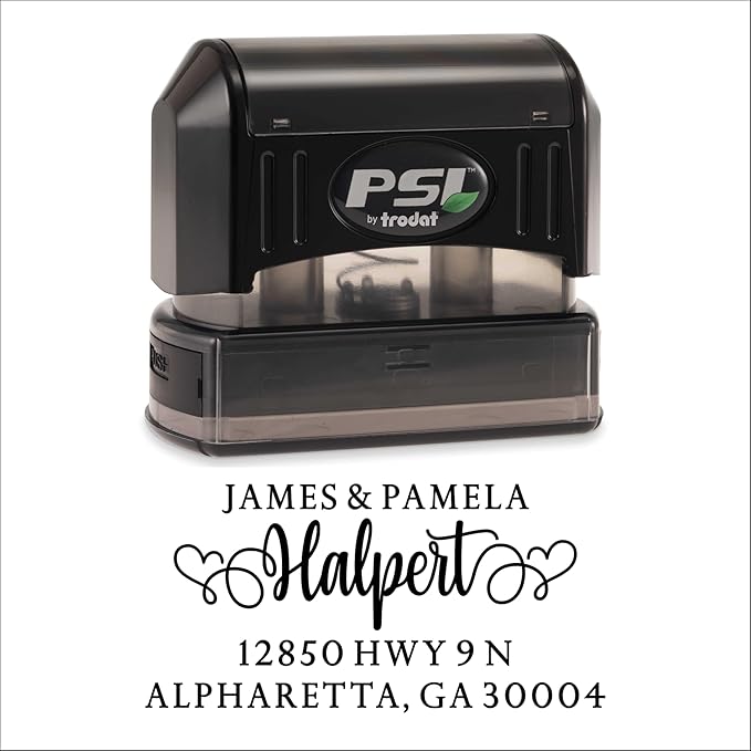 PrettySweetParty Self Inking Return Address Stamp - Custom 4 Line Personalized Address Stamp for Envelopes, Wedding Invitations, Business, Mailing Labels (Halpert Heart Tails)