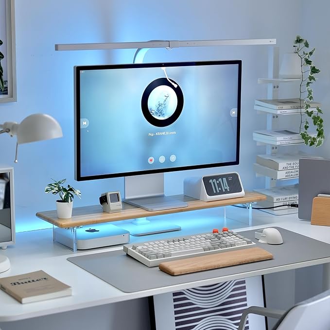 ROCDEER Bamboo Monitor Stand Riser with RGB Lights,31.5 Inches Desktop Shelf with Acrylic Legs Supports for Desk, PC Computer Monitor, Laptops, Printer, Speakers (Natural)