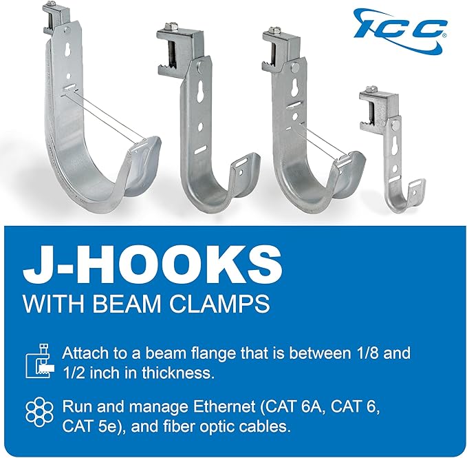 ICC Beam Clamp J Hook 3/4” Without Retainer Clip - Galvanized Steel Cable Management Hooks for Hanging Cable to Beams - Rust-Resistant, EIA and TIA Compliant - 3/4 Inch 25 Pack