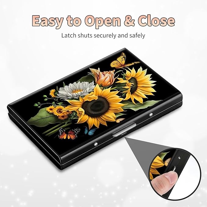 BWEGRHE Slim Credit Card Holder, Sunflowers Butterfly RFID Blocking Metal Wallet for Men & Women, Aluminum Minimalist Hard Case Pocket-Sized Business Cards Organizer (Fits Up to 10 Cards)