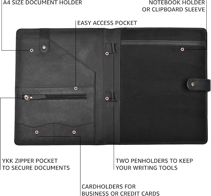 Leather Village Leather Portfolio Organizer - Professional Business Padfolio for Men & Women - Stylish Document Card Holder, Resume Folder, Folio for A4/Letter Size Writing Legal Pad, Black
