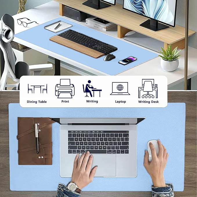 PU Leather Desk Pad Protector Gaming Mouse Pad Non Slip Desk Mat for Keyboard and Mouse Waterproof Desk Writing Pad for Office and Home Desk Accessories(Blue, 35.4 * 17.7)