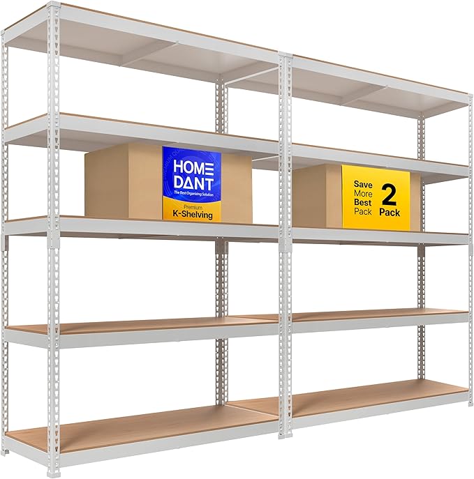 HOMEDANT 5 Tier Storage Shelves Adjustable Laminated Boltless Garage Metal Shelving Unit Heavy Duty Utility Rack Shelf Warehouse Pantry Closet Kitchen (2, (L) 48.1" W, White)