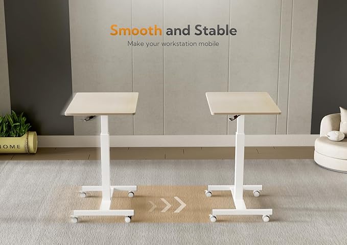 YDN Mobile Mobile Standing Desk, Adjustable Height Portable Laptop Desk with Lockable Wheels, 25.5" x 18.8" Rolling Desk with Hook for Computer Workstation, Natural