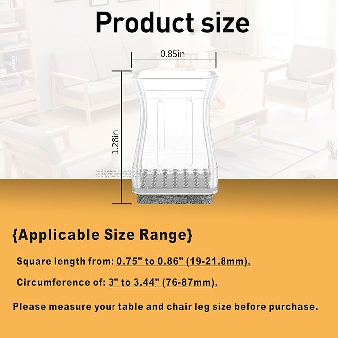 Square Chair Leg Protectors for Hardwood Floors, 16 Pcs Silicone Felt Furniture Leg Cover. 3/4" -7/8", Clear.