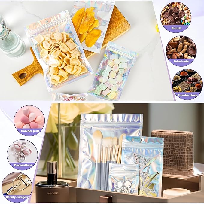 100Pcs Holographic Packaging Bags, 2.7x3.9 inch Resealable Foil Pouch Mylar Sample Bag Great for Small Business and Party Favor Food Storage Favors, Small Business Packaging