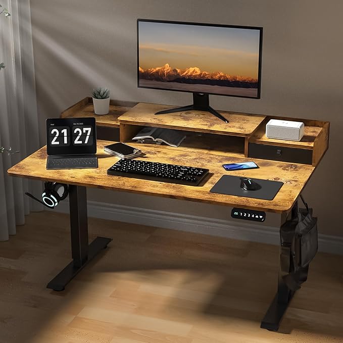 ExaDesk 48 x 30 Inch Electric Standing Desk with 2 Drawers, Adjustable Height Widened Stand Up Desk with Storage, Sit to Stand Ergonomic Workstation for Home Office, Rustic Brown