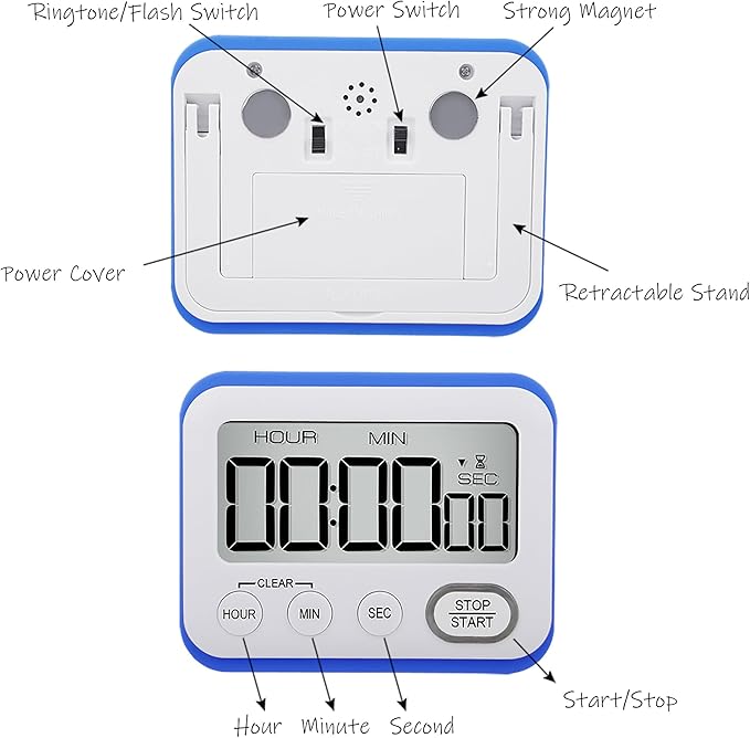 Digital Kitchen Timer Magnetic Loud Alarm, Large LCD Screen Silent/Beeping Multi-Function for Teachers Classroom Kids, Blue
