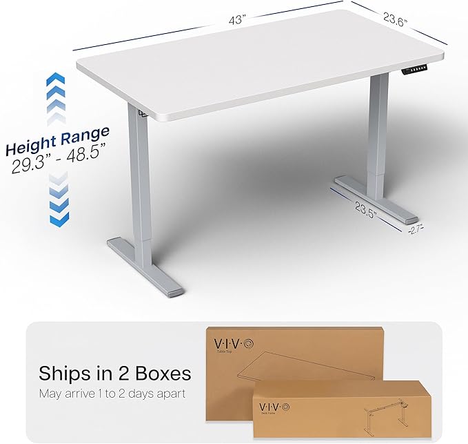 VIVO Electric 43 x 24 in Standing Desk, Memory Height Adjustment, 1B Series, Holds 220 lbs, One-Piece White Top, Gray Frame, DESK-KIT-1G4W