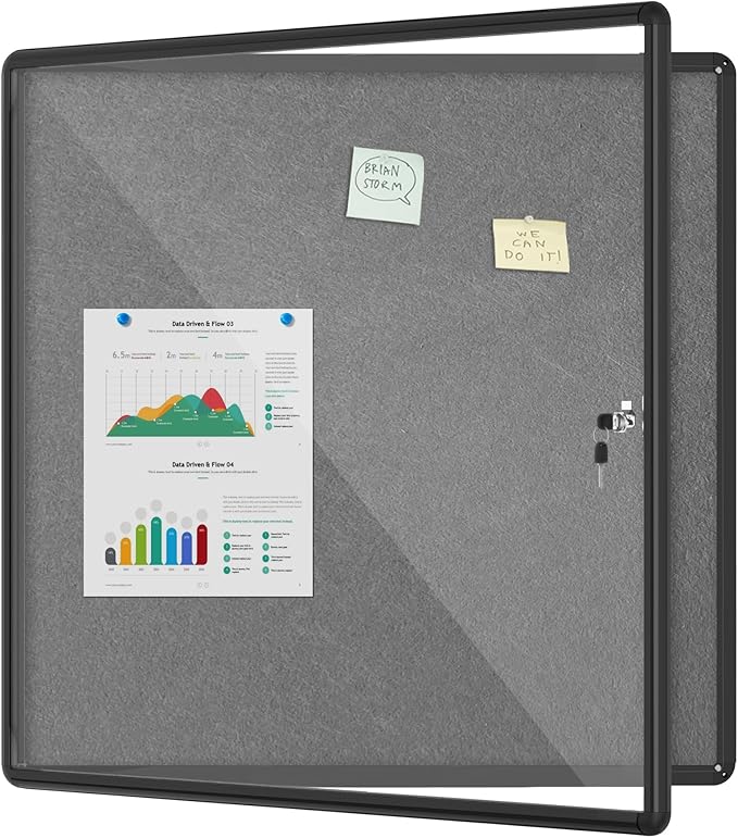 Mifuro 38"x38" Enclosed Bulletin Board, Lockable Weather-Resistant Aluminum Cork Noticeboard for School & Office, Black Frame w/Grey Flet