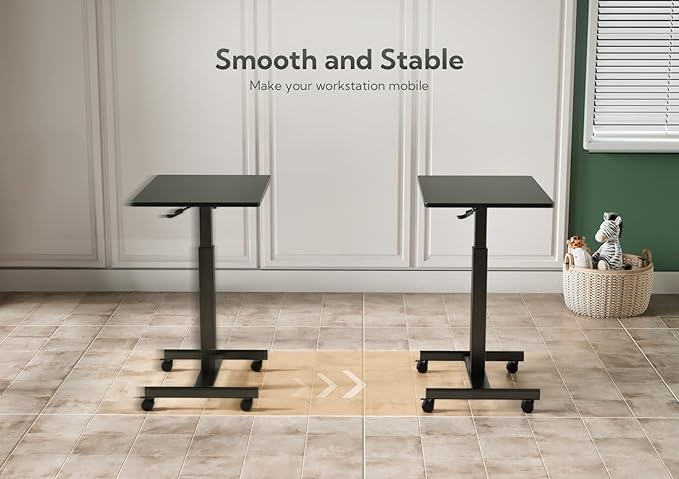 YDN Mobile Mobile Standing Desk, Adjustable Height Portable Laptop Desk with Lockable Wheels, 25.5" x 18.8" Rolling Desk with Hook for Computer Workstation, Black