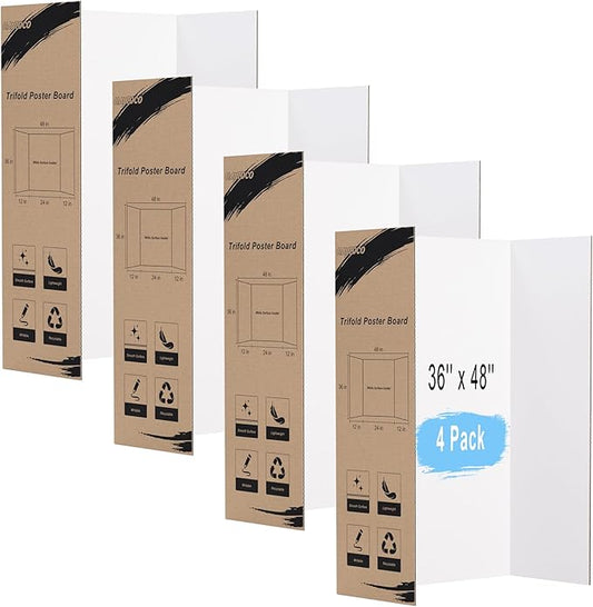 HAUTOCO 36'' x 48'' Trifold Poster Board 4 Pack Large Tri Fold Project Boards White Corrugated Presentation Cardboard for Science Fairs, School Projects, Event Displays, Business