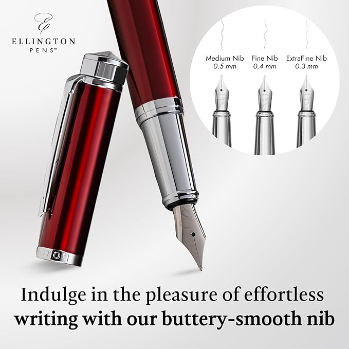 Ellington Pens Luxury Fountain Pen Set - Extra Fine Nib- Includes 3 Ink Cartridges, Refillable Ink Converter, Gift Box- Fountain Pens For Writing, Calligraphy, Journaling, Sketching (Scarlet Slate)