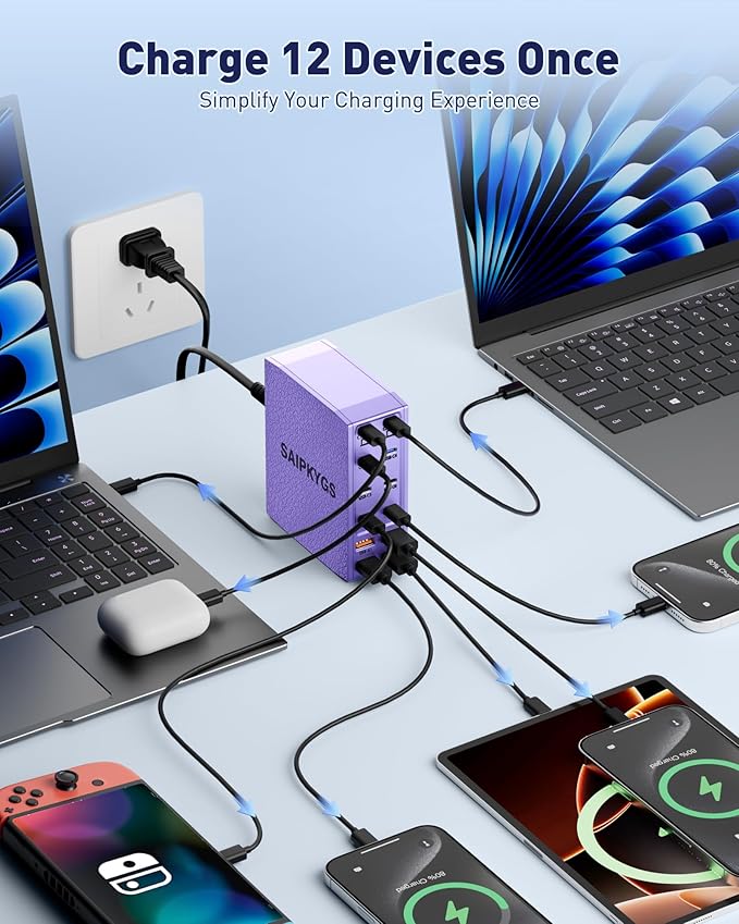 SAIPKYGS USB Charging Station (600W),12-Port USB C Charger Block with Dual 100W PD USB-C Fast Charging Station Hub for MacBook Pro/Air/All iPad Phone 17/16 15/14/13/Pro Max/Samsung Galaxy Note(Purple)