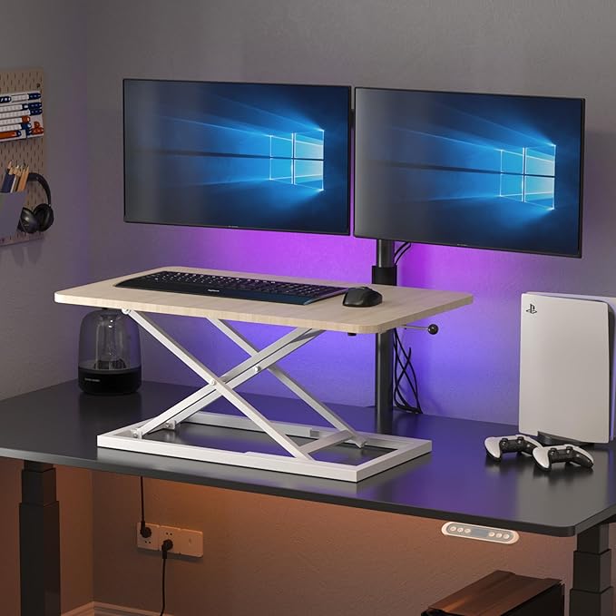 Decoholic Light Wood Small Single 24 inch Scissors Lift Keyboard and Mouse Riser ,Height Adjustable Standing Desk Converter,for Ergonomic Sit Stand Workstations (24 inch NW)