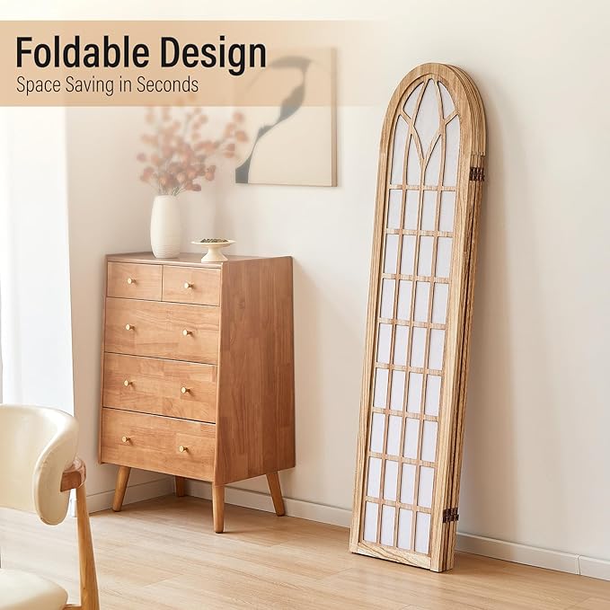 ALeesing Folding Room Divider Privacy Screen Freestanding 4-Panel Shoji Style Wooden Frame Decorative Partition Wall for Bedroom Office Apartment Natural