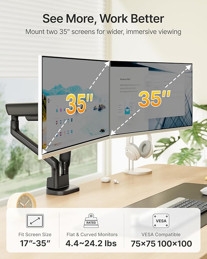 monTEK Dual Monitor Arm, Mechanical Spring Monitor Arm for 17-35" Screens, Adjustable Monitor Desk Mount Each Holds up to 24.2 lbs with C Clamp/Grommet Desk Mount, VESA 75/100mm, MA1011BK-D