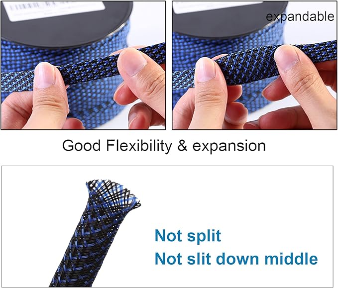 25ft - 1/4 inch PET Expandable Braided Sleeving – BlackBlue – Alex Tech Braided Cable Sleeve