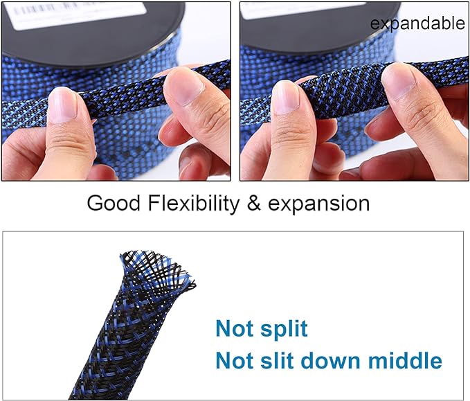 100ft - 1/2 inch PET Expandable Braided Sleeving – BlackBlue – Alex Tech Braided Cable Sleeve