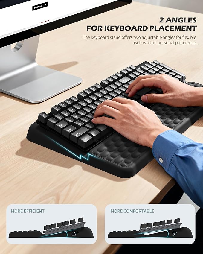 Computer Keyboard Stand with Wrist Rest, Keyboard pad with Wrist Support, Two Adjustable Keyboard Angles, Slow Rebound Comfortable Foam and Skin-Friendly Fabric. Suitable for Office, Gaming, and Home
