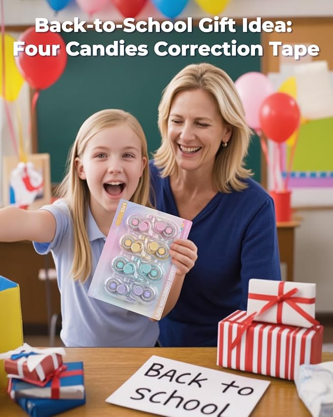 Four Candies White Correction Tape, 39.4 Feet, 8 Pack Easy to Use Applicator for Instant Corrections, Tear-Resistant, Smooth & Quick-Drying Tape for Office & School Supplies