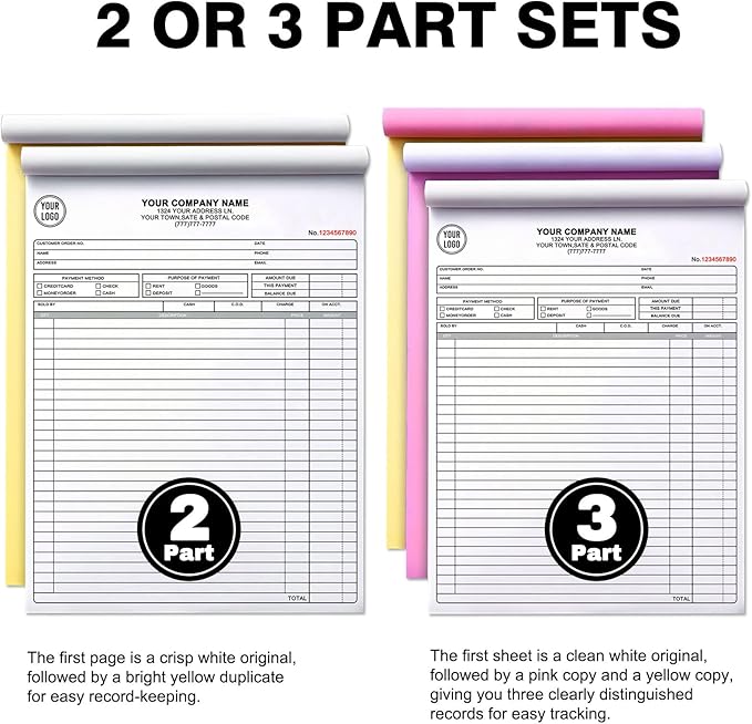 Custom 5.5" x 8.5" Invoice Book with Logo 100 Set Personalized Receipt Books Customized Invoices for Small Business 2 - Parts Carbonless Duplicate Invoice Forms NCR Books