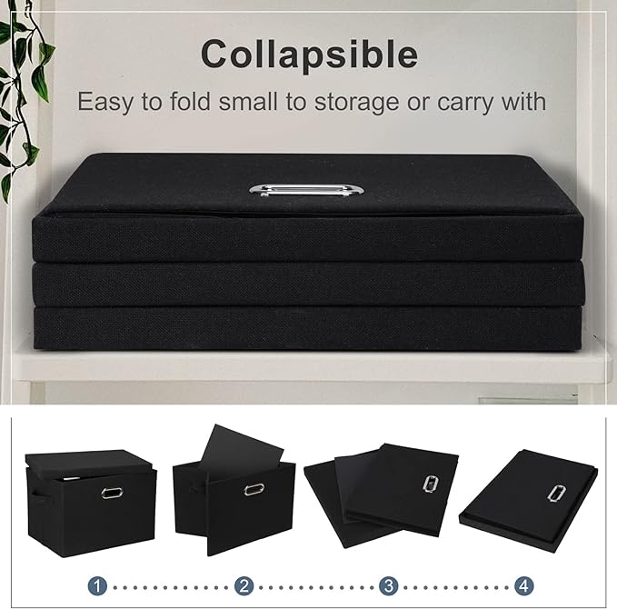 Graciadeco Large 17" 36 Quart Collapsible Stackable Storage Bins with Lids, 3 Packs Black Linen Fabric Closet Boxes with Lids, Storage Cube Baskets Container Organizers for Bedroom Office(17 x12 x11)