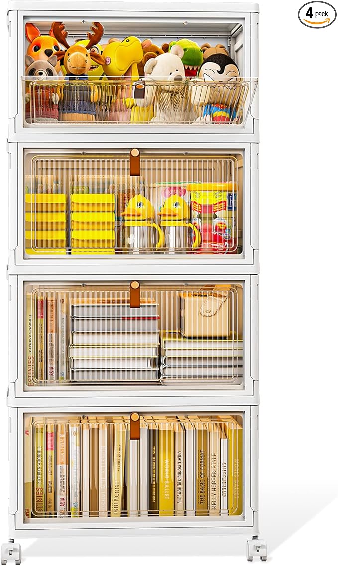 CTSNSLH 4 Tier Plastic Storage Bins and Boxes Organizer - 28Qt Stackable with Lids for Bedroom, Living Room, Office - Foldable Containers, Household Organization