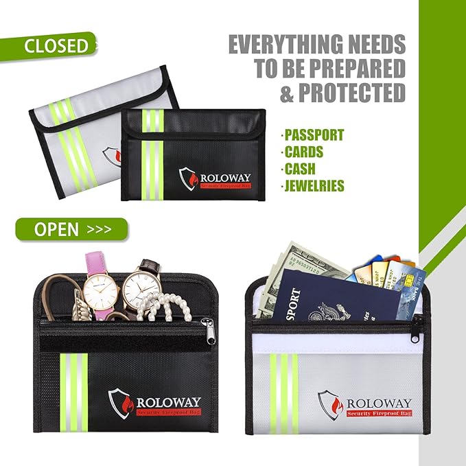 ROLOWAY Small Fireproof Bag (5 x 8 inches) with Reflective Strip, Fireproof Money Bag for Cash, Valuables, Passport, Currency & Keys (2-Pack)