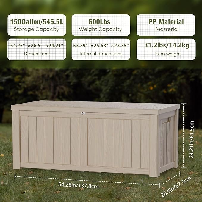 Yardgrace Heavy-Duty 150 Gallon Waterproof Deck Storage Boxes for Outdoor - Patio Deck Box & Pool Storage Organizer, Lockable Resin Chest for Cushions & Tools, UV-Resistant, Slate Grey