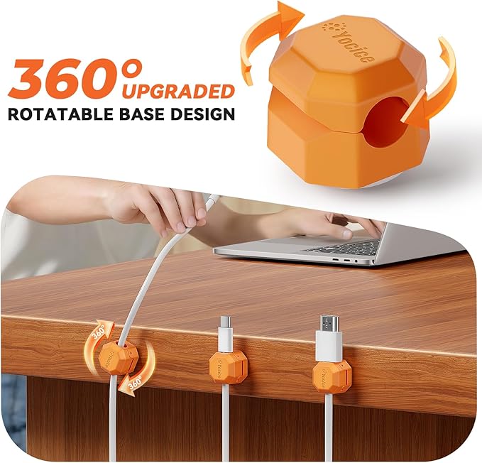 8 Pack Spring Cable Clips,Rotatable Cord Organizer Desk Cable Management Cord Holder Adhesive Phone Charger Cord Clips for Home Office Car Wall Nightstand Accessories, Orange