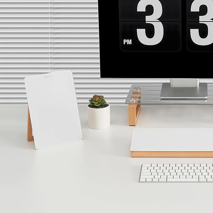 Desktop Glass Whiteboard with Reversible Wood Stand, Small White Board, Mini Dry Erase Whiteboard Easel for Desk, Reusable Desk Notepad 9.5"x6.7" for Home, Office, Accessories Included, Yeoux