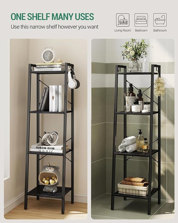 Hzuaneri Ladder Shelf, Bookshelf Bookcase, Freestanding Corner Storage Shelve with 2 Hooks for Home Office, Living Room, Kitchen, Bedroom, Industrial, 11.8" D x 13.4" W x 47.2" H, Black BC13204B
