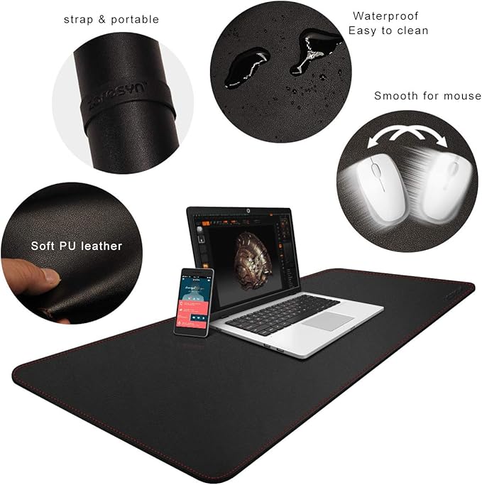 ZORESYN Large Mouse Pad (47.2" x 23.6") - PU Leather Extended Gaming Mousepad Desk Mat - Nonslip Base and Waterproof Desktop Keyboard Extended Mouse Mat (Black)