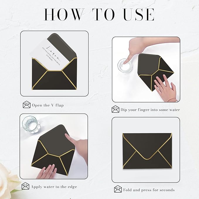 Black 5x7 Envelopes 50 Pcs, Goefun A7 Envelopes for Invitation, V-Flap with Gold Border for Baby Shower, Graduation, Announcements, 5.25 x 7.25 inches