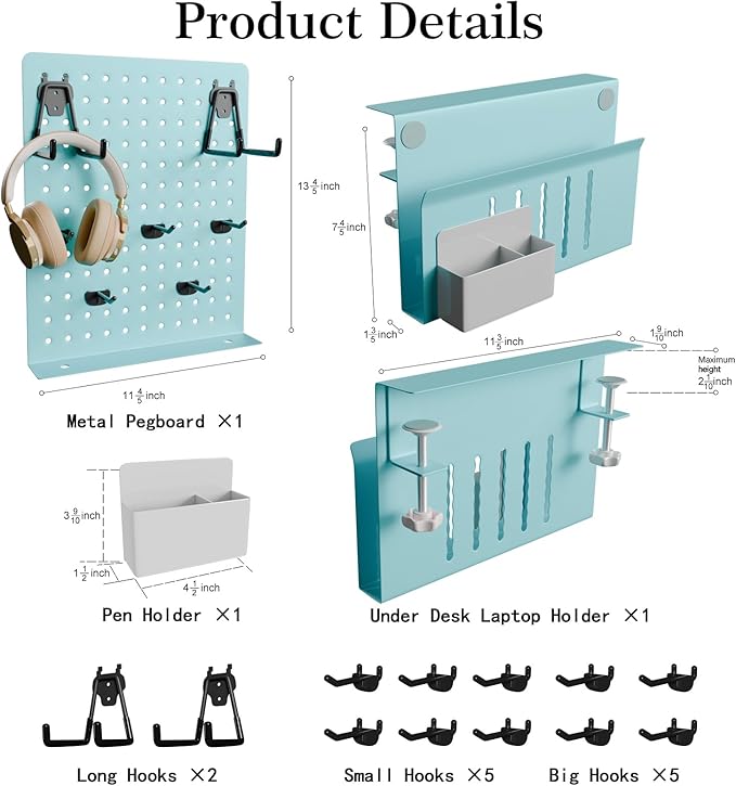 Henitol Desk Side Storage with Clamp-On Desk Pegboard, Steel Privacy Panel, No-Drill Desk Organizer with Pen Holder, Table-Side Laptop Holder for Office and Home (Blue)