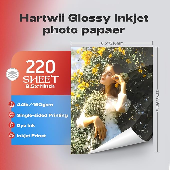 HARTWII 220 Sheets Photo Paper Glossy Inkjet 8.5x11 44lb 160Gsm A4 Letter Size Suitable for All Dye Ink Printers