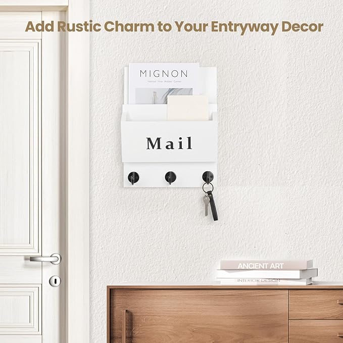 Lucundm Mail and Key Holder - Decorative 8.86" x 11.42" Wall Key Hanger with 2 Mail Organizer Slots and 3 Hooks - Real Paulownia Wood with Keyhole Brackets, Hardware and Instructions (White)