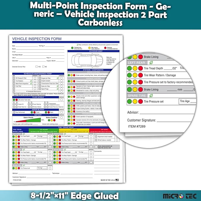 Multi-Point Inspection Form for Vehicles – 2-Part Carbonless Vehicle Checklist Pad – 8.5" x 11" Inspection Report – Edge-Glued, Manufacturer Recommended – White - Pack of 1000