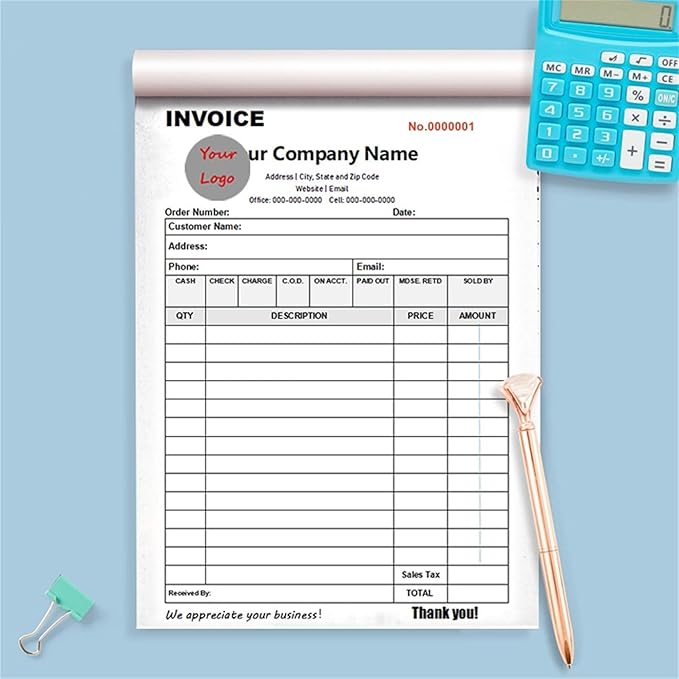 Custom Invoice Book in 3-Part /2-Part Receipt Book with Carbon Copies Personalized Carbonless Service Invoice Form Books Sales Order Book with Company Name Logo Address,A-Invoice Book with Logo