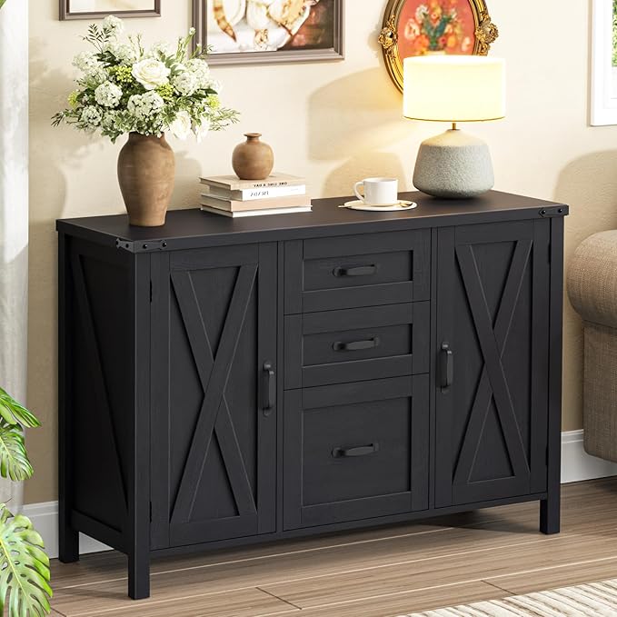 Vabches File Cabinet with 3 Drawers, Farmhouse Lateral File Cabinet Fits Files Letter/A4 Size, Wooden Filing Cabinet with Door and Adjustable Shelves Printer Stand for Home Office, Rustic Black