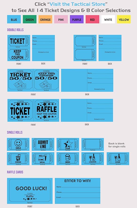 Tacticai 1000 Raffle Tickets, Meal, White (1 of 8 Colors), Single Roll, Ticket for Events, Food, Class Reward, Fundraiser & Prizes
