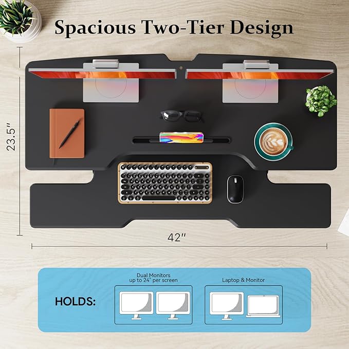 JYLH JOYSEEKER 42 inch Standing Desk Converter, Height Adjustable Desktop Standing Desk with Keyboard Tray for Two Monitors, Sit to Stand up Desk Riser Computer Workstation for Home Office, Black