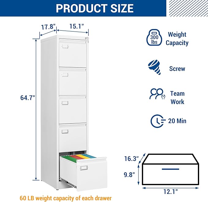 Fesbos File Cabinets - 5 Drawers Vertical 17.8" Deep Lockable Filing Cabinet - White Metal Storage Cabinets for Home Office to Hanging Files Letter/Legal/F4/A4 Size