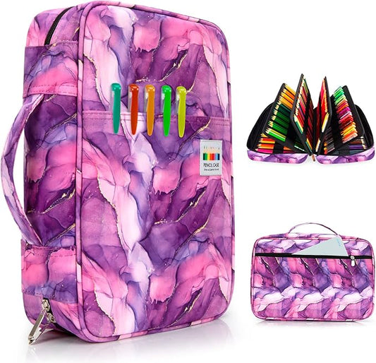 YOUSHARES 300 Slots Colored Pencil Bag - Handy Large Capacity Oxford Multi-Layer Zipper Pencil Bag for Prismacolor Colored Pencils & Gel Pen (Marble Purple)