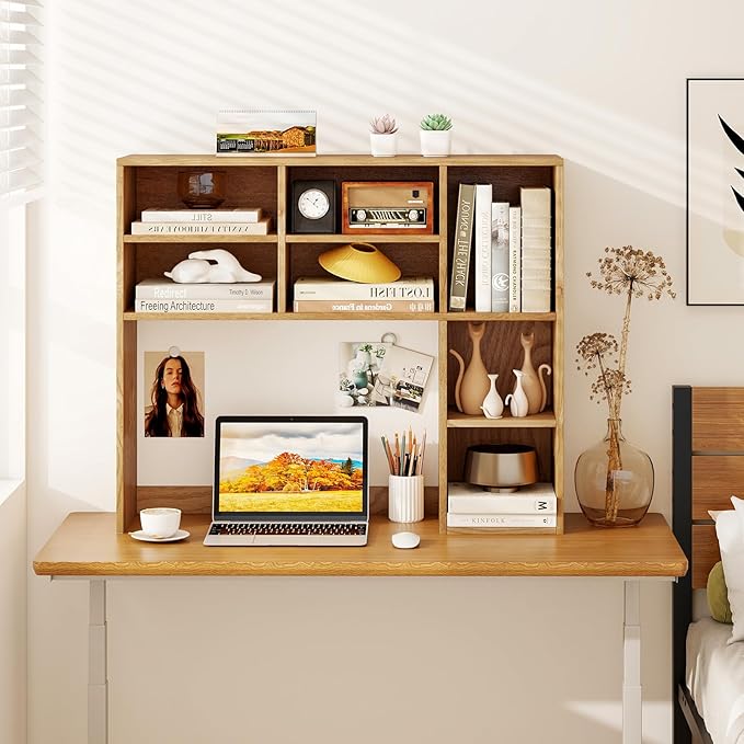 Tangkula Desktop Bookshelf, 37" Countertop Storage Hutch with 7 Cubes & 3 Adjustable Shelves, 3-Tier Desk Display Rack Organizer, Multipurpose Wood Desktop Hutch for Dorm Home Office (Natural)