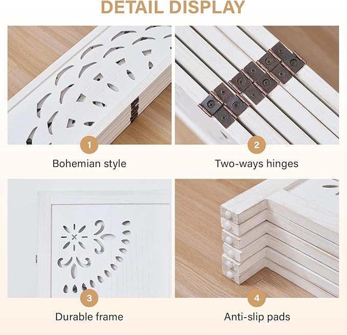 66.9Inch Wooden Room Partition - 6 Panels Boho-Styled Space Room Divider for Home/Office, Headboard & Yoga/Photo/Video Call Backdrop (White)